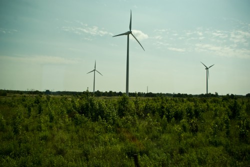 Windmills seen from the train away from Berlin, Germany